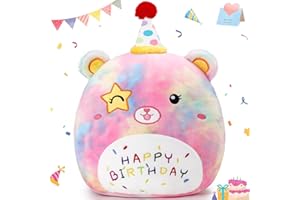 Athoinsu 14" Happy Birthday Bear Plush Pillow Cute Rainbow Stuffed Animal Soft Kawaii Birthday Plushie Star Wink Funny Pillows Home Room Decoration Gifts for Toddlers Kids Girls