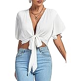 LYANER Women's Deep V Neck Tie Front Knot Wrap Ruffle Short Sleeeve Crop Top Blouse