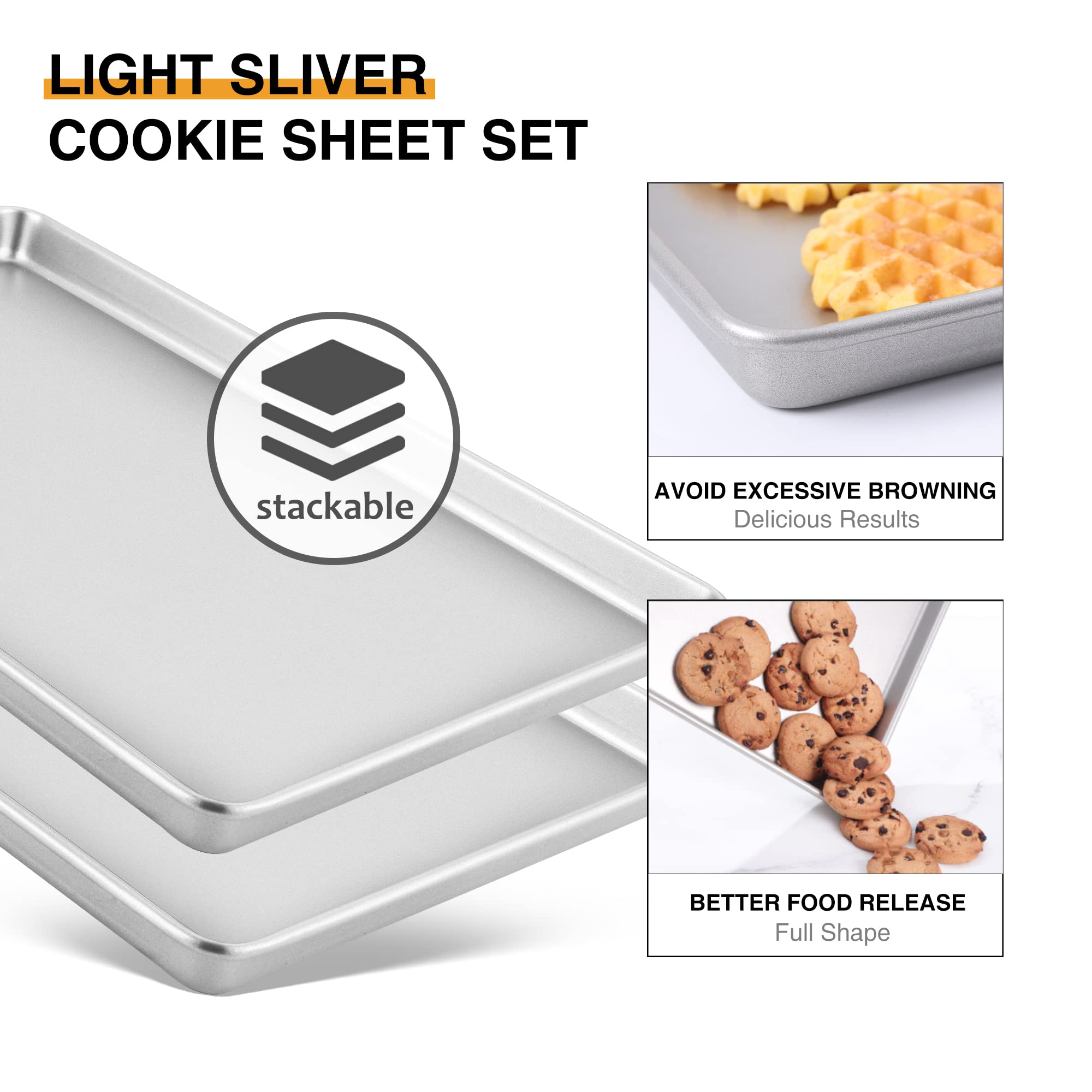 HONGBAKE Half Baking Sheet Pan Set of 2, Nonstick Cookie Sheet for Oven, Heavy Duty 1/2 Commercial Cookie Trays, Dishwasher Safe - Silver
