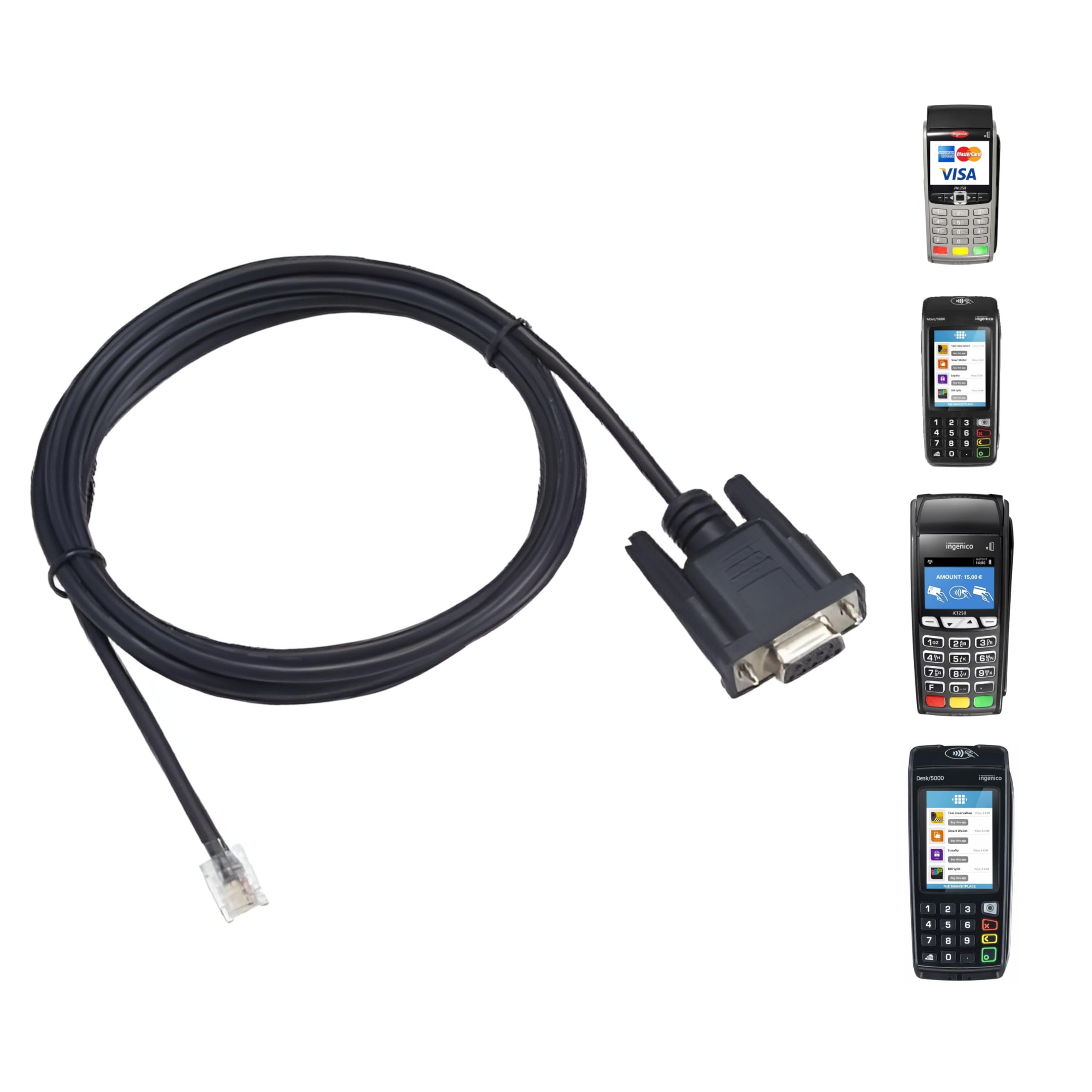 RJ11 DB9, RS232 cash connection cable between an Ingenico payment terminal and a cash register for the ICT 220, 250, DESK 5000, IWL 250, MOVE 5000 range