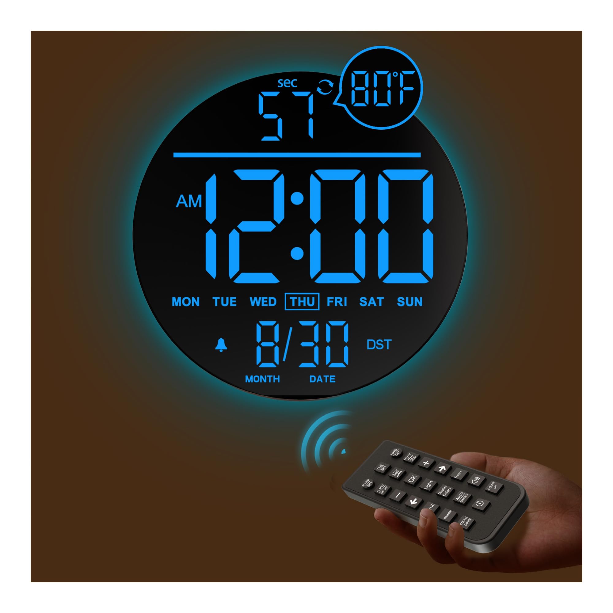 Photo 1 of JALL 10" Large Digital Wall Clock with Seconds, Alarm Countdown Timer, Big LED Display, RGB Color, DST, Temperature, Mounted for Bedroom Living Room Office Classroom Gym, Xmas Birthday Gift, Blue