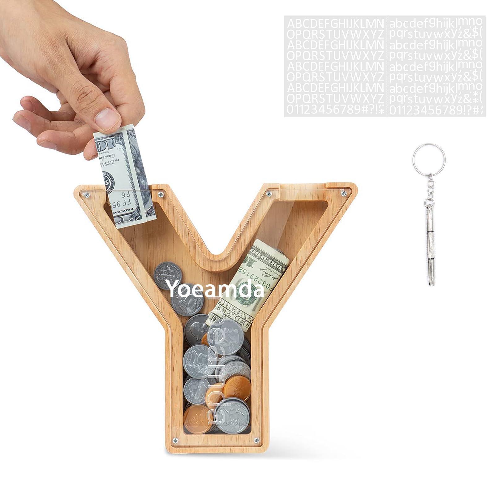 DONJIM Personalized Wooden Money Box, 7" Letter Piggy Bank, Clear Money Gift Box, Detachable Money Jar, with DIY Alphabet Stickers and Screwdriver, Alphabet Y Money Tin