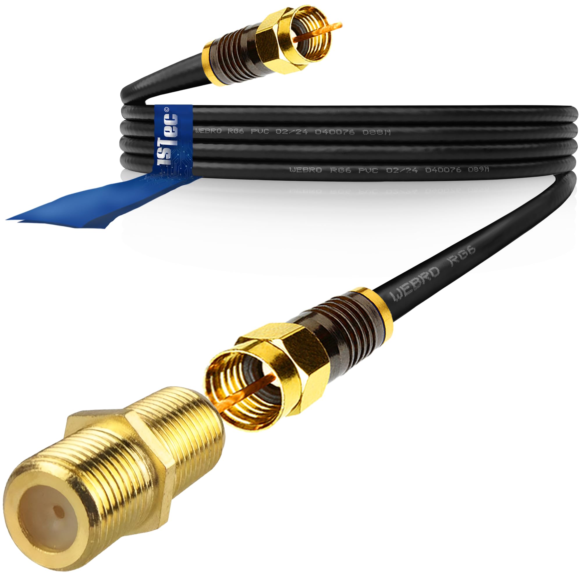 1STec 3m Long Black Gold Plated Male to Male Super Fast Virgin Media Webro RG6 Extension Cable with Female Joining Coupler for V6 TIVO Set Top Box or VIVID Fibre Super Hub Broadband Modems 3 Metre