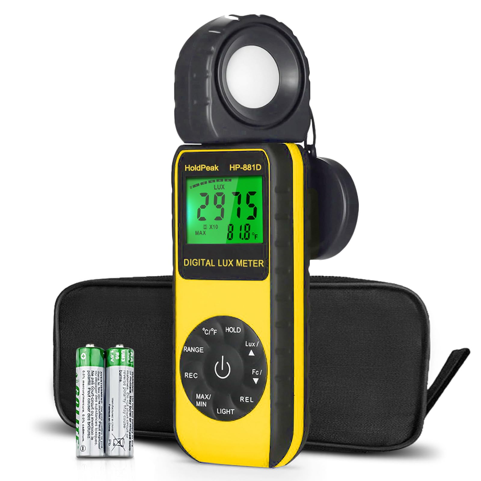 HoldPeak Handheld Digital Light Meter HP-881D, Range Up to 0.01-400,000 Lux (1-40,000 FC) 270ยฐ Rotate Sensor Head,Data Hold&Storage, Lux Meter for Plants/LED Lightslight/Photography
