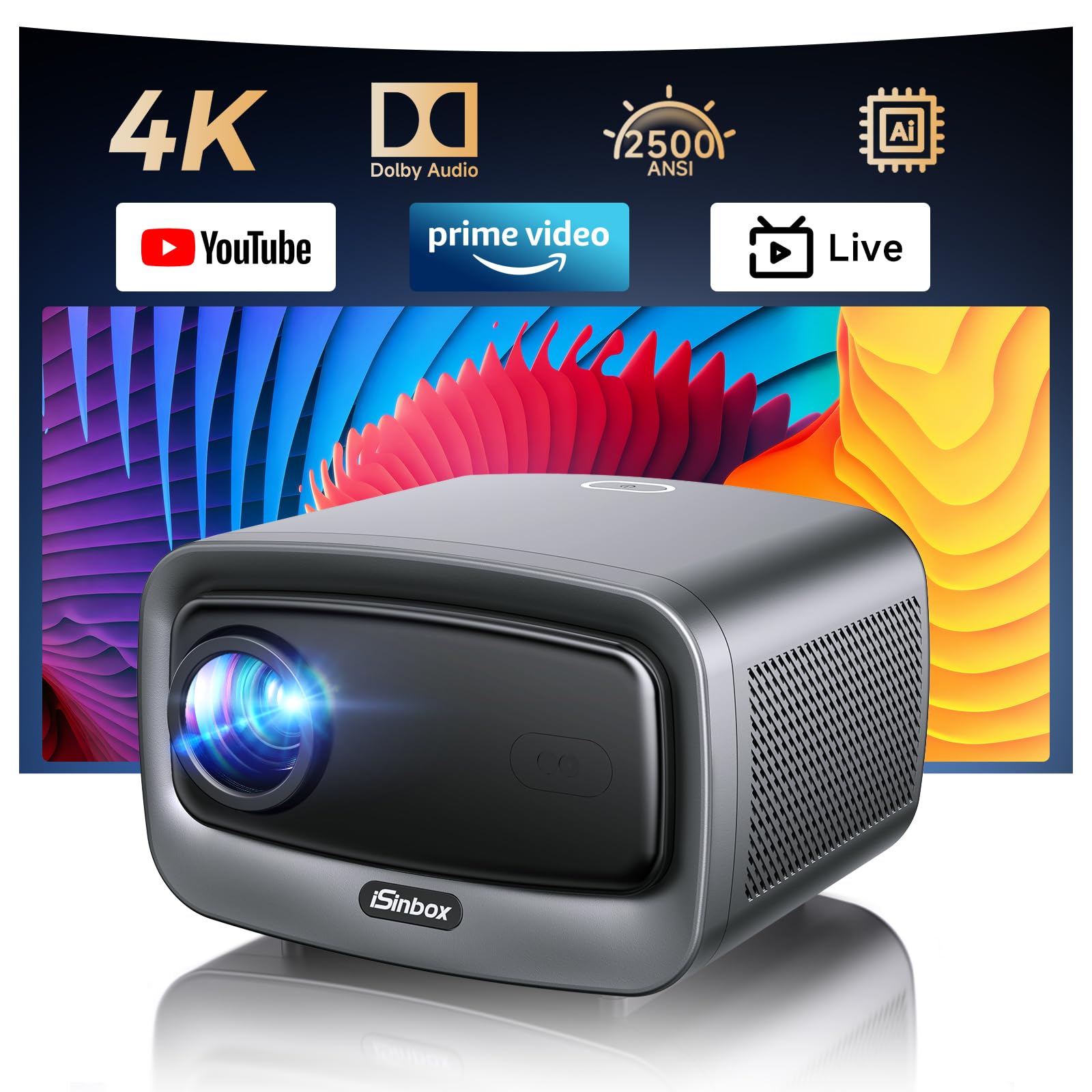 Photo 1 of [2500 ANSI/Auto Focus/Built-in APPS] Smart Projector 4K with WiFi 6 and Bluetooth 5.3, 6D Keystone Outdoor Movie Projector with Netflix& 36W Dolby Audio Plus HDR10+ Home Theater Ceiling Upgraded