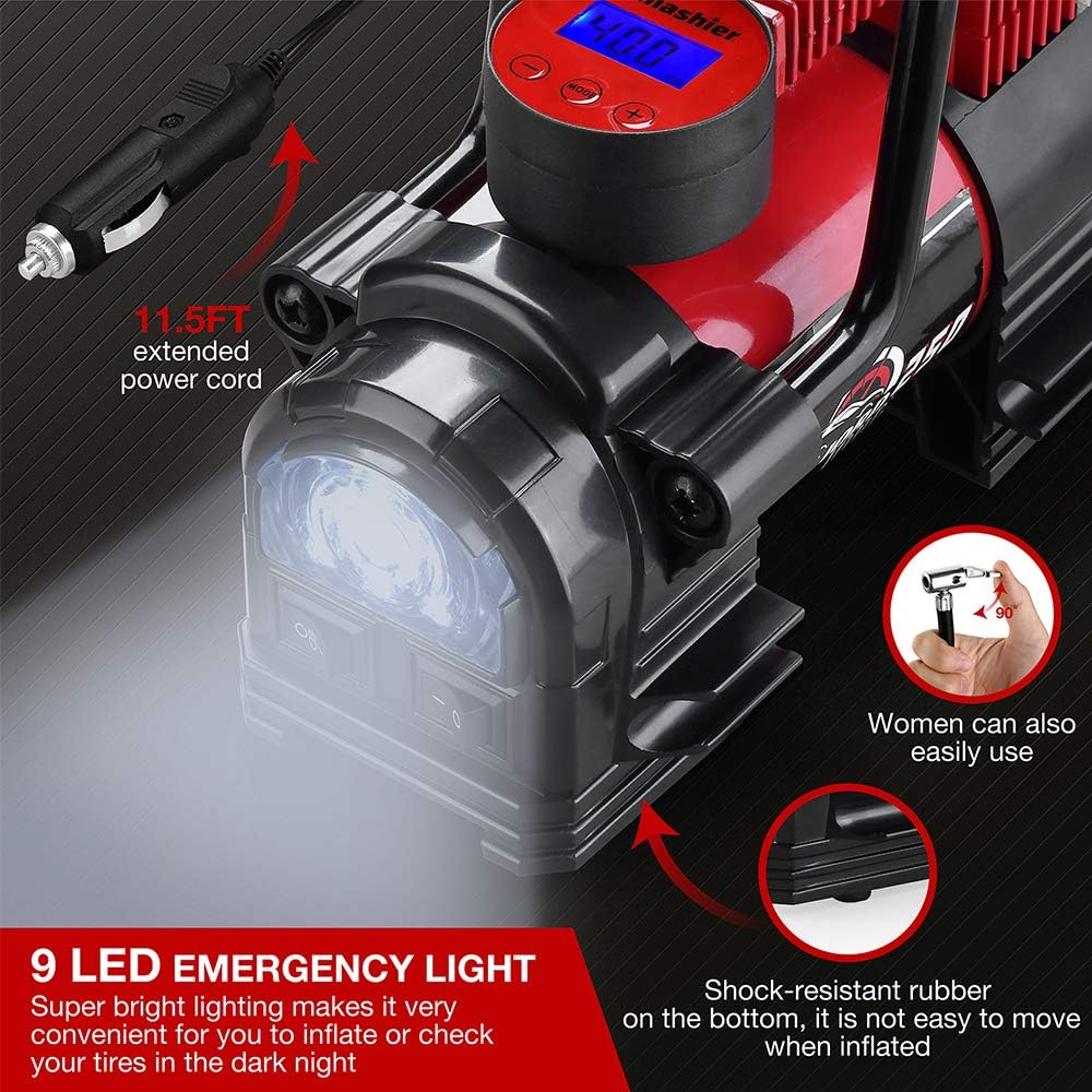 Portable Air Compressor Tire Inflator - 12V DC Heavy Duty Digital Pump with 9 LED Light for Car/Motorcycle/Air Matress, 3.7M Extended Cord Upgraded Quick Connector,Fast Inflation,Multitool Incl: Automotive