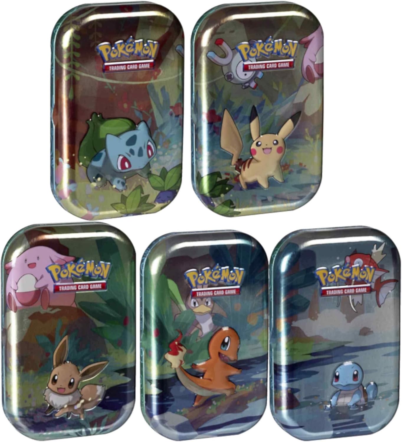 Pokemon Kanto Friends Mini Tin 5 Pack Bundle Featuring Pikachu Eevee Charmander Bulbasuar Squirtle Over 100 Cards Total