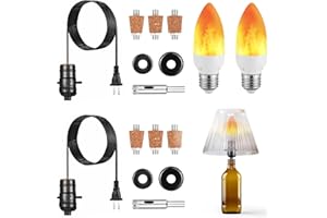 Lpraer 2 Set DIY Wine Bottle Lamp Kit with E26 LED Light Bulbs for Liquor Bottle, w/Glass Drill Bit and Lid, Black Cord w/Lamp Socket, 3 Size Tapper Cork (W/ 2 Flame Effect Light Bulbs)
