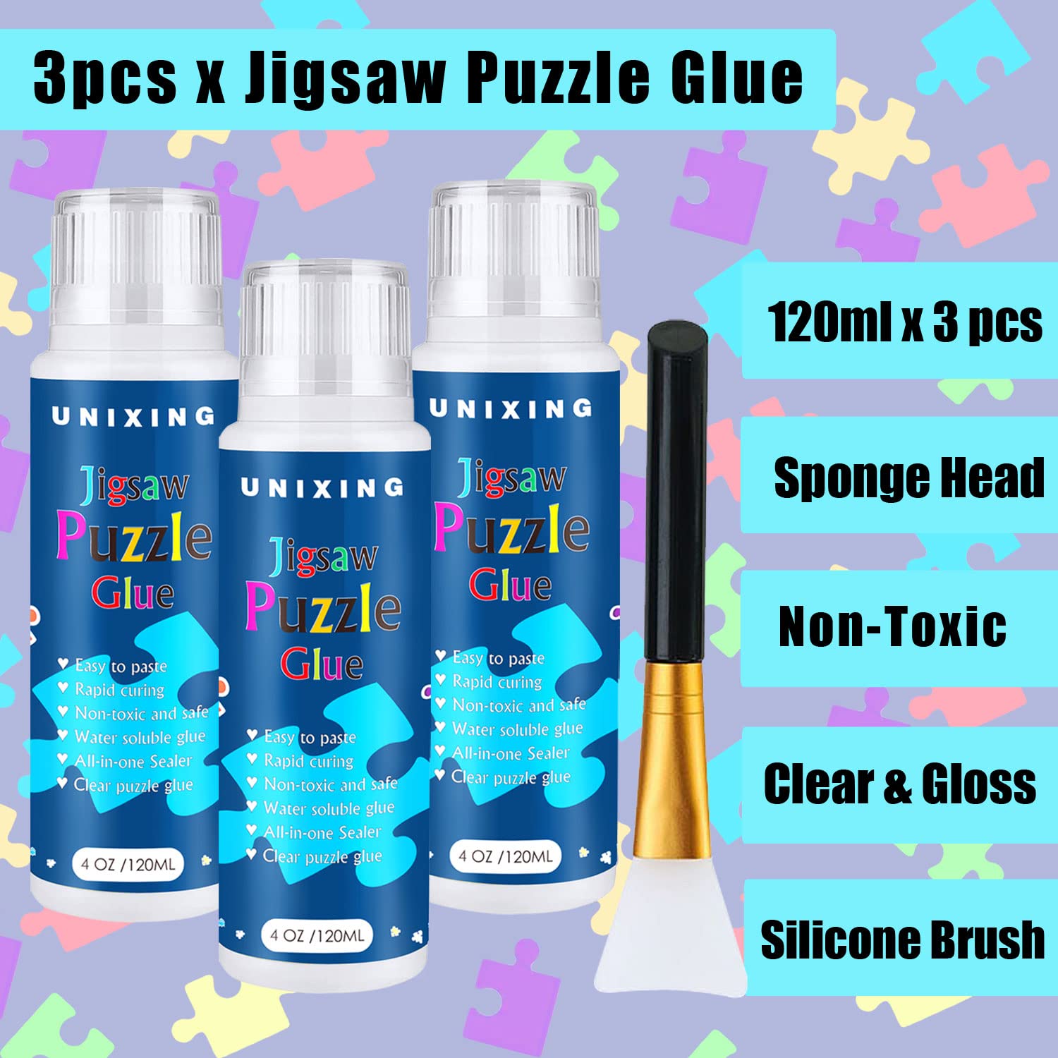 3PCS Jigsaw Puzzle Glue Clear Puzzle Glue with Sponge Head, Water Soluble Craft Puzzle Glue Puzzle Protect Glue for 3000/3500/5000 Pieces of Puzzle (3 Bottle X 120ML)