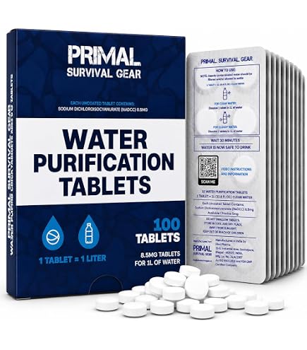 Water Purification Tablets - Water Purifier Tablets for Emergency Water - Hiking, Camping, Survival, Emergency – Drinking Water Filtration System Survival Tabs - Purificador De Agua - 1L