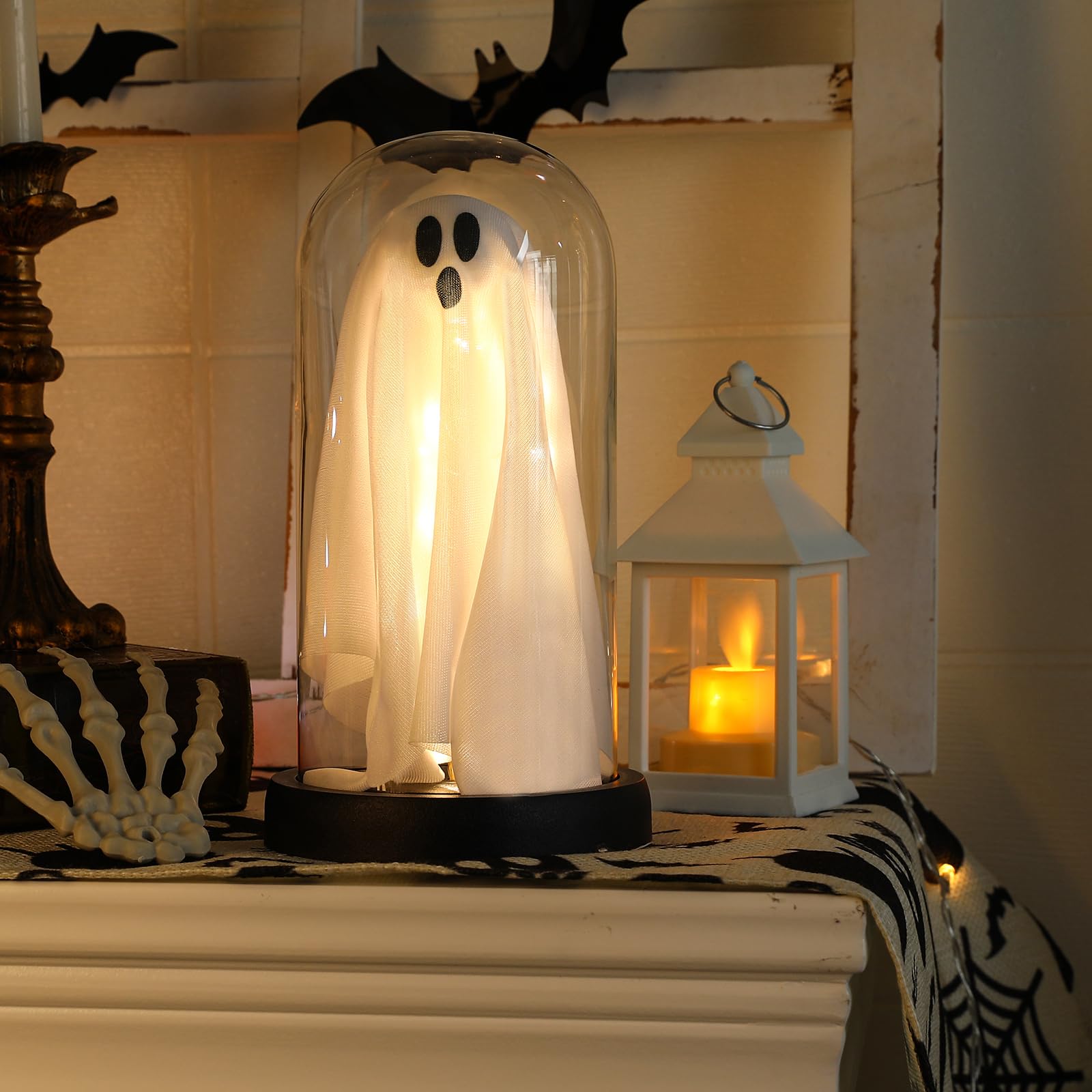Photo 1 of Halloween Decor-Halloween Decorations Indoor-Light Up Ghost in Glass Cloche-Cute Ghost with Light for Home Kitchen Mantel Tabletop Party Decor and Holiday Decorations