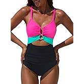 popvil One Piece Swimsuit for Women 2025 Sexy Neon Swim Suits Cut Out Tummy Control Bathing Suit Braid Color Block Swimwear