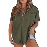 Eytino Plus Size Button Down Shirts for Women Casual Waffle Knit Tops Short Sleeve V Neck Dreesy Blouse Tunic(1X-5X)
