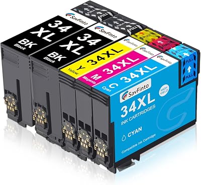 SavFinto 34XL Ink Cartridges 5 Pack for Epson WF-3720 WF-3725 2 Black 1C1M1Y