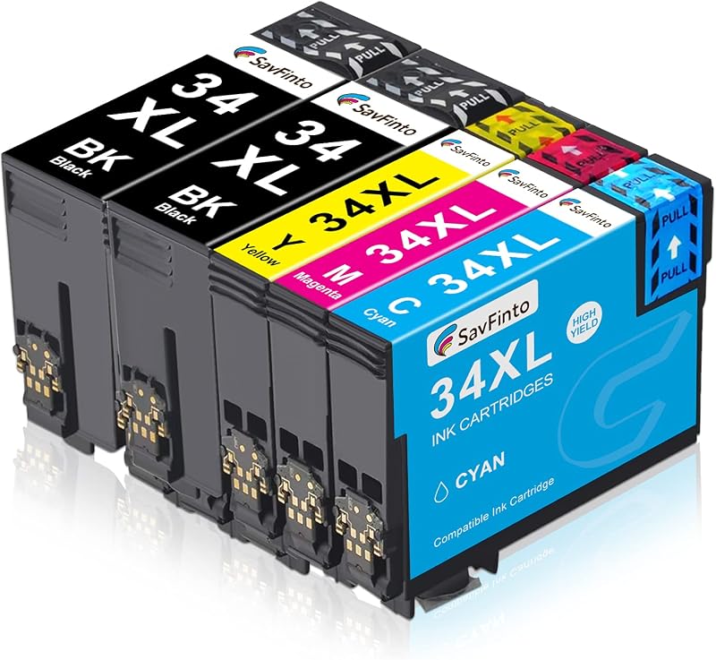 SavFinto 34XL Ink Cartridges 5 Pack for Epson WF-3720 WF-3725 2 Black 1C1M1Y