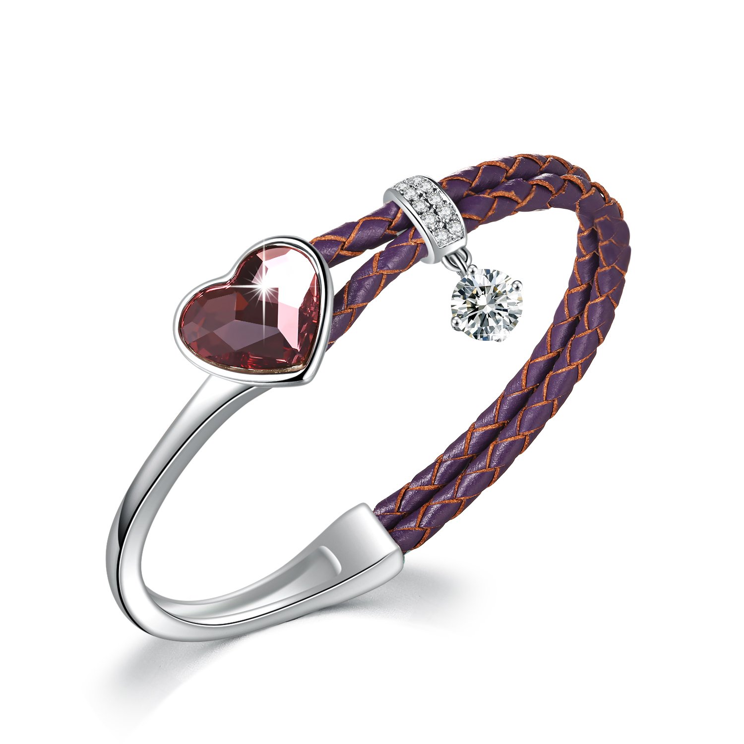 SUE'S SECRET Pink Heart Crystal Bangle Bracelet Purple Striped Leather Bands Unique Gift for Her Ladies Anniversary Wedding Women Birthday Christmas for Mom Wife Girlfriend