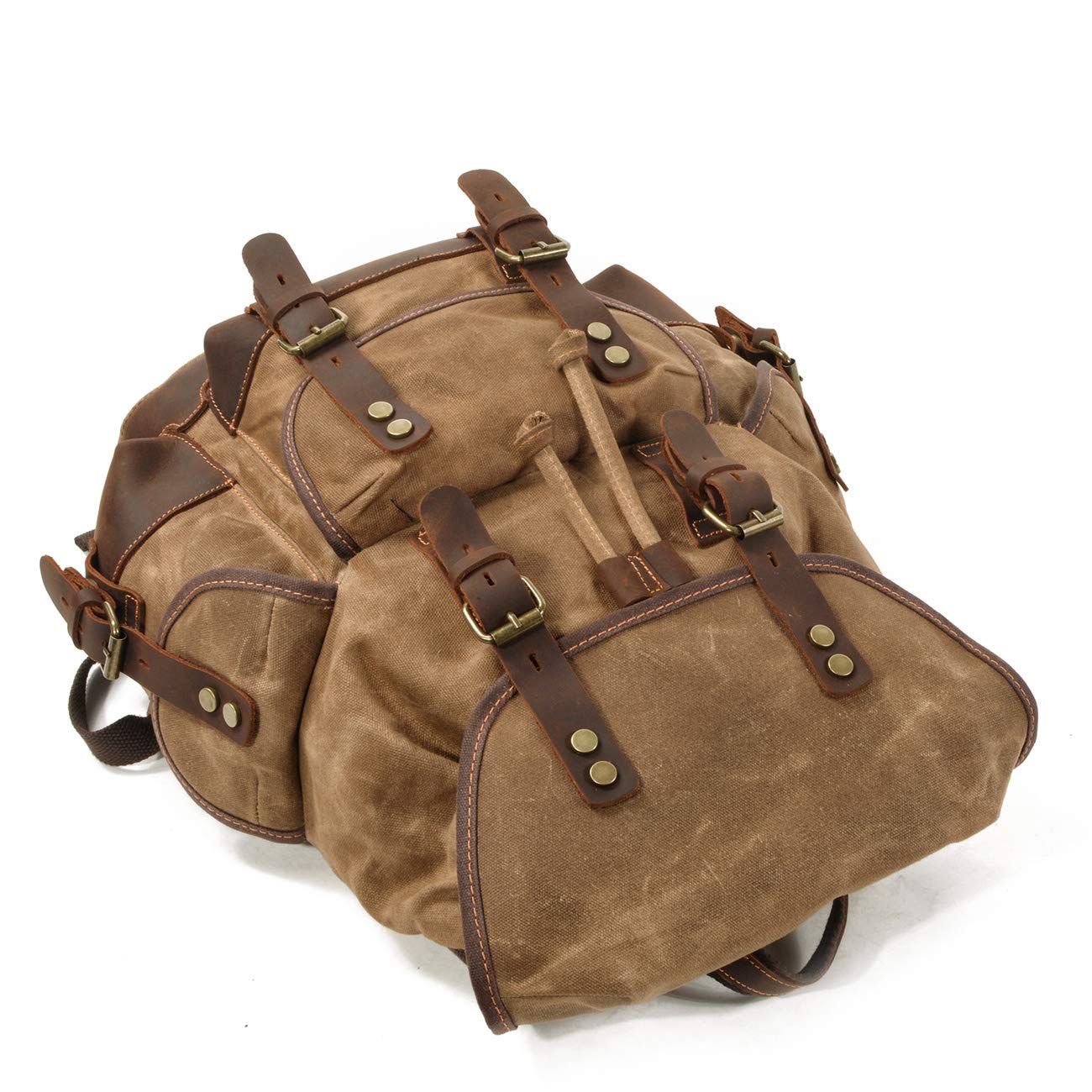 WUDON Men Travel Backpack, Genuine Leather-Waxed Canvas Shoulder Hiking Rucksack