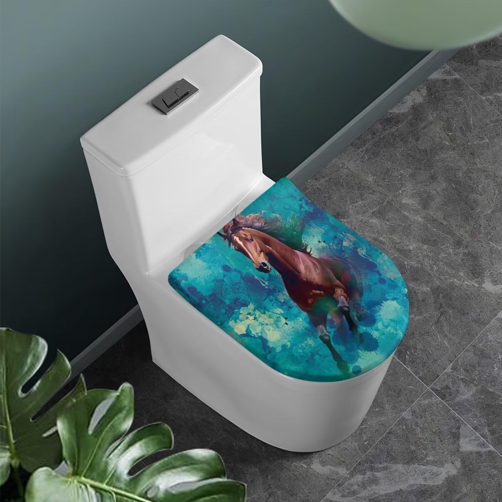 COEQINE Toilet Lid Cover Set Elongated Lid Single Cover for Lid, Green Hourse Print Bathroom With Toilet Lid Cover