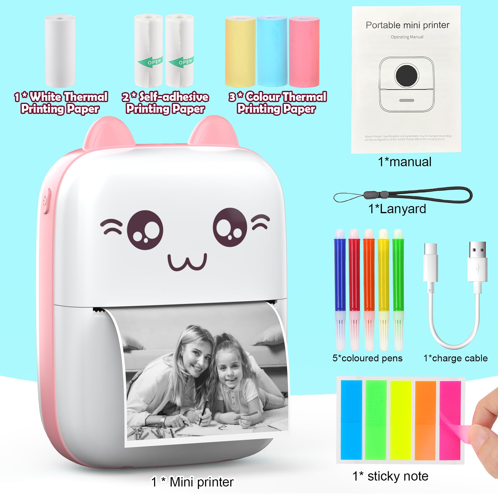 HuiJuKeJi Mini Sticker Printer Cat Bluetooth Smart Pocket Inkless Thermal Printer with 7 Rolls Thermal Paper and Sticker for iOS&Android, Portable Receipt Printer for Photo Journal Notes Memo - Pink