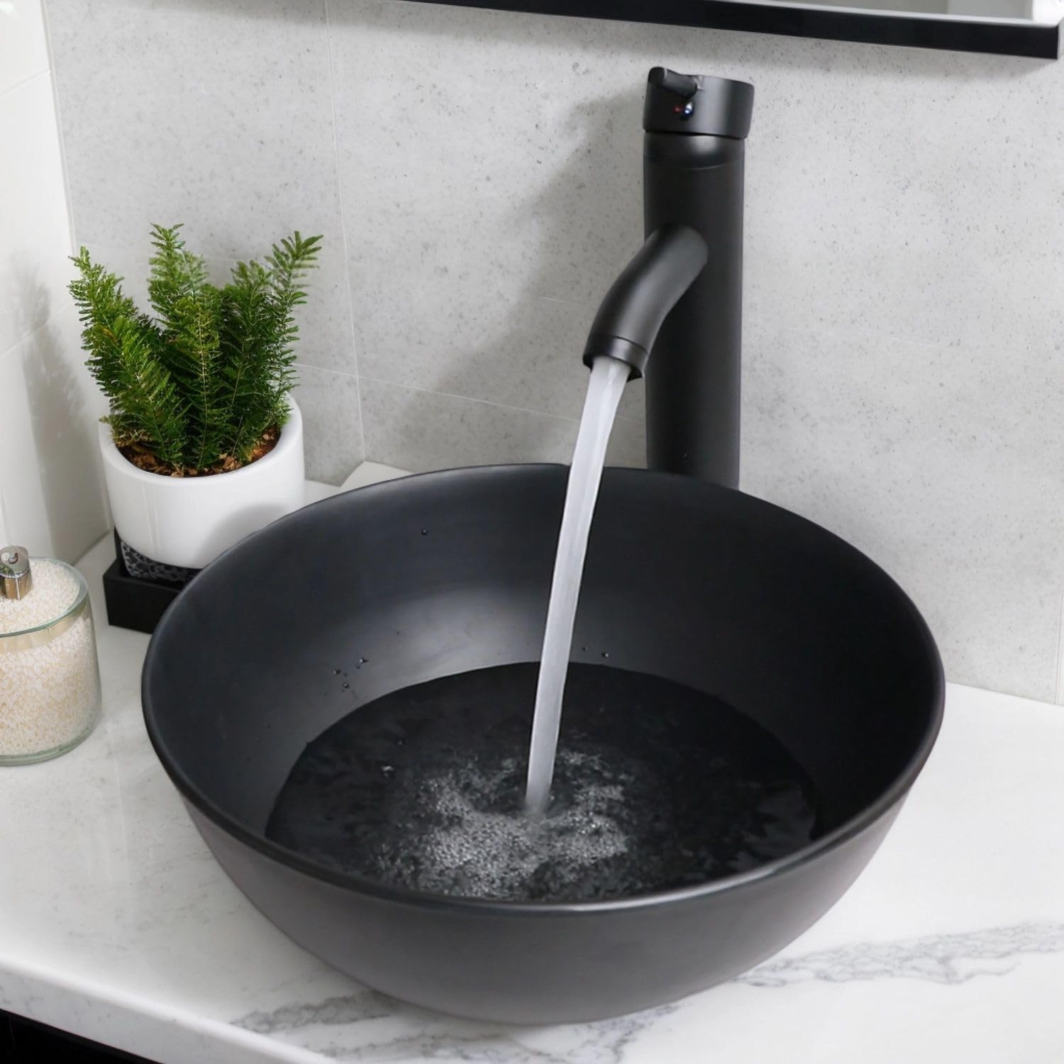 Photo 1 of HM HomeMieco 13” Bathroom Sink Stone Resin Vessel Sink with Faucet and Pop-up Drain Combo Round Bathroom Vessel Sink Black Bathroom Sink Above Counter Small Bowl