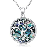 Tree of Life Necklace 925 Sterling Silver Abalone Shell Cross/Triple Moon Goddess Pendant Religious Jewelry for Women Men Mom Wife Daughter Sister Friend for Valentine Birthday Christmas Jewelry