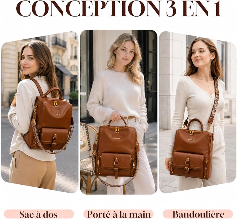 Sac a Dos Femme, Sacs à Main Portés Dos Femme Antivol Léger Backpack Loisirs Casual en Cuir Vegan pour Voyage L'école Travail Université Collège Shopping