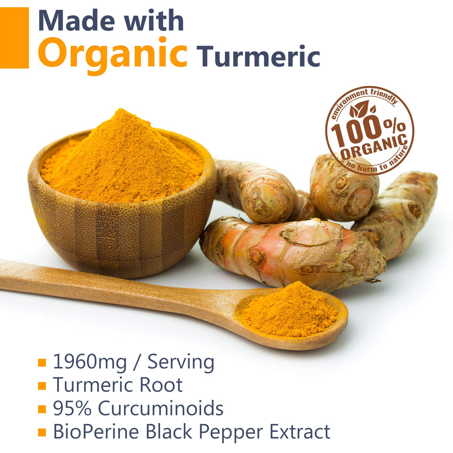 Organic Turmeric Curcumin with BioPerine and 95% Curcuminoids, 1960mg, 120 Veggie Capsules 