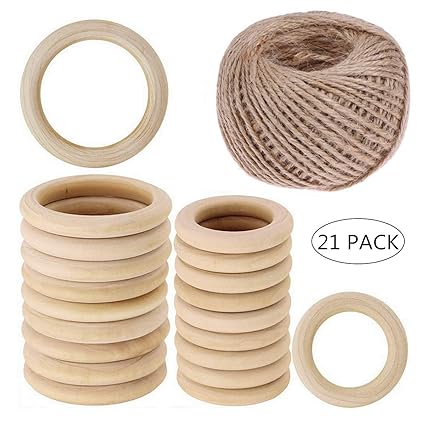 Wooden Rings 20 Pack Natural Craft Wood Loop Ring With 100m Jute