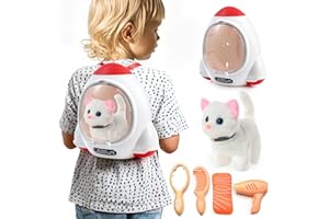 WORWODER Electronic Interactive Plush Cat- Battery Operated Mechanical Walking Little Pet Kitten with a Cute Bag, Meow Tail Wagging, Stretching Companion Animal for Toddlers & Kids (White)