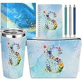 Personalized Gifts for Women Monogrammed Birthday Gifts for Women, Wife Girlfriend Christmas, Initial 20 oz Tumbler, Makeup Cosmetic Bag Cup Pens Journal Notebook 6 Set, (Aesthetic Blue Flower S)
