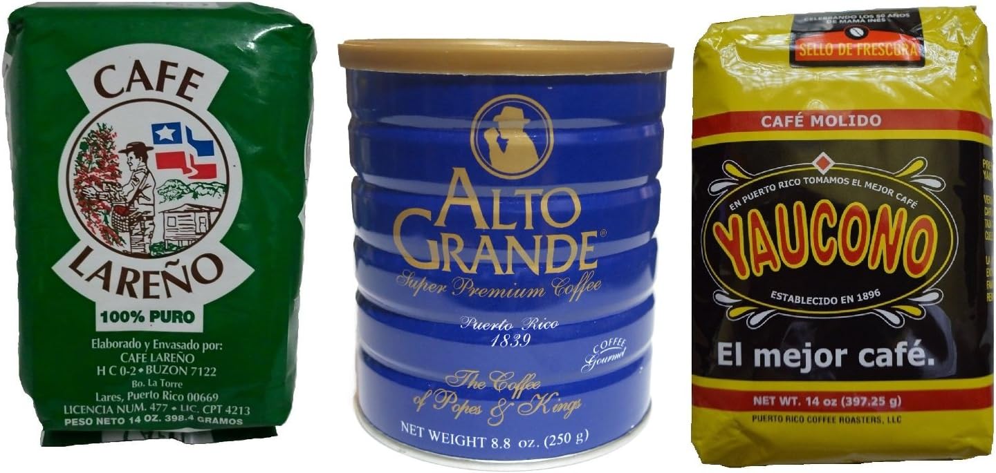 Puerto Rican Variety Pack Ground Coffee - 3 Local Favorites Yaucono, Alto Grande, Lareno (1 Pack)
