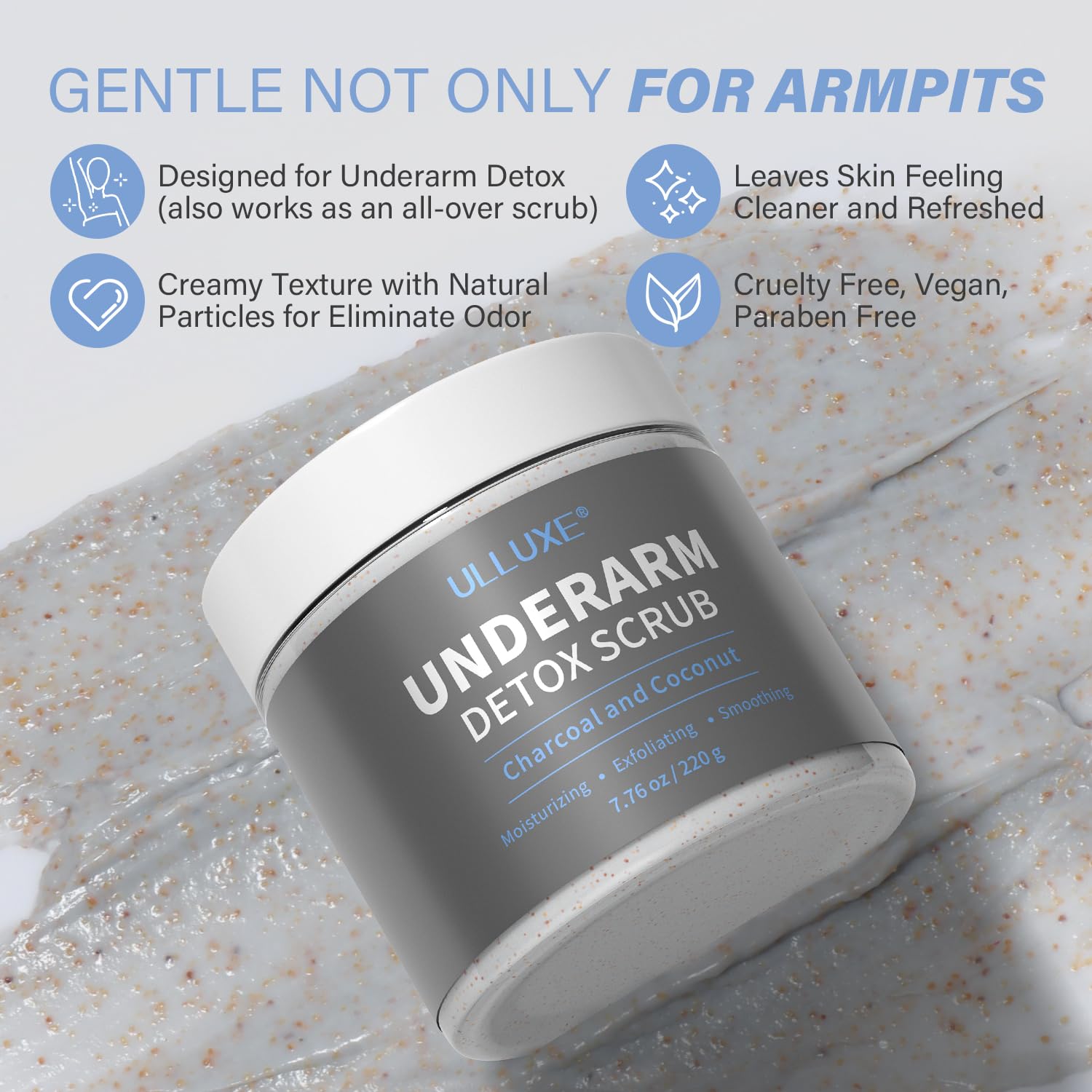 Charcoal Underarm Detox Scrub for Odor Control, Dark Armpits Spots Remover, Armpit Detox & Bikini Area Body Scrub Exfoliating & Moisturizing, Natural Deodorant Scrub for Women & Men, 7.7 Oz