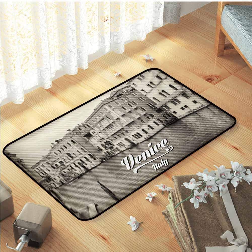 Venice Outdoor Mats, Old Photo of Venice Italian City Vintage Filter Effect and Lettering History Memory Home Decor Carpet Slip-Resistant Extra Absorbent for Living Room Kids Room, W29"x L39" Eggshell