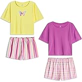 US Angels Girls Pajamas Sets- 4-Piece Cute Short Sleeve & Shorts PJ Set, Pink Girls’ Sleepwear, Kids Pajamas Sizes 5-16