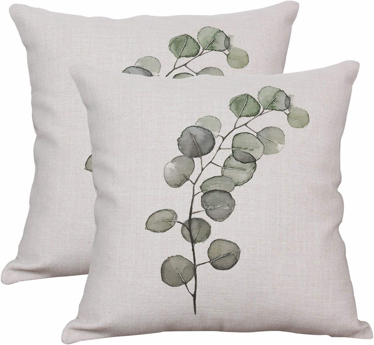 YeeJu Set of 2 Throw Pillow Covers Decorative Green Fern Leaf Cushion Covers Square Cotton Linen Outdoor Couch Sofa Home Pillow Covers 18x18 Inch