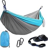 Camping Hammocks 500lbs Double Outdoor Amacas for Garden Patio Travel Beach | Portable Lightweight Outdoor Gear 210T Parachute Nylon Hiking Backpack Survival with Tree Safe Straps Heavy‑Duty Carabiners