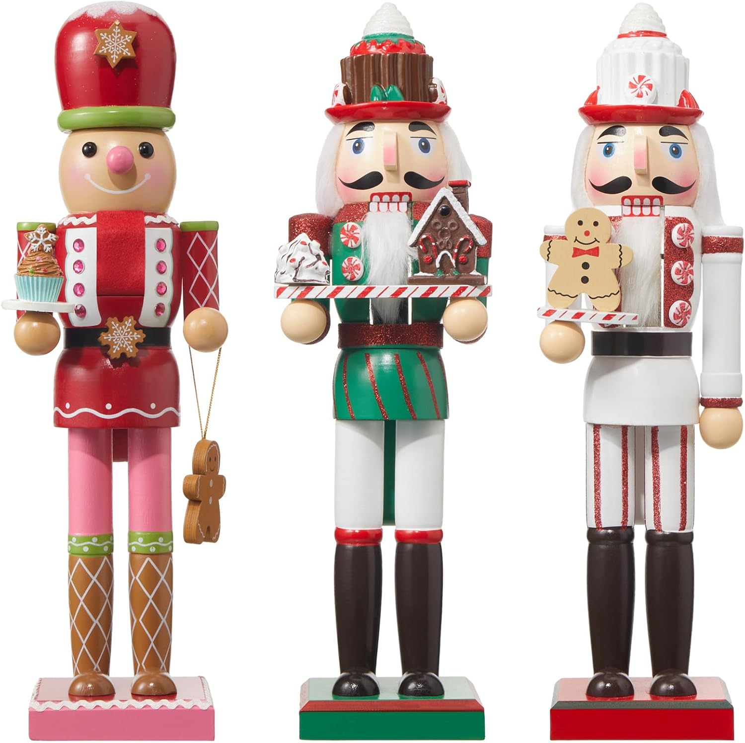 Nutcrackers - Geetery 3 Pcs Christmas Nutcracker Figures 14 Inch Wooden Nutcracker Christmas Decor Wood Traditional Nutcracker Decorations with Gingerbread Man for Shelves House Holiday Festival Desktop Collectible