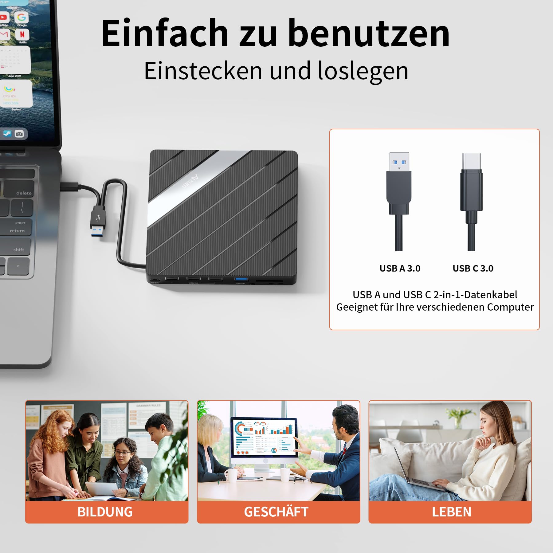 Alxum Externes DVD Laufwerk USB C 3.0 CD Laufwerk extern USB für Laptop 8