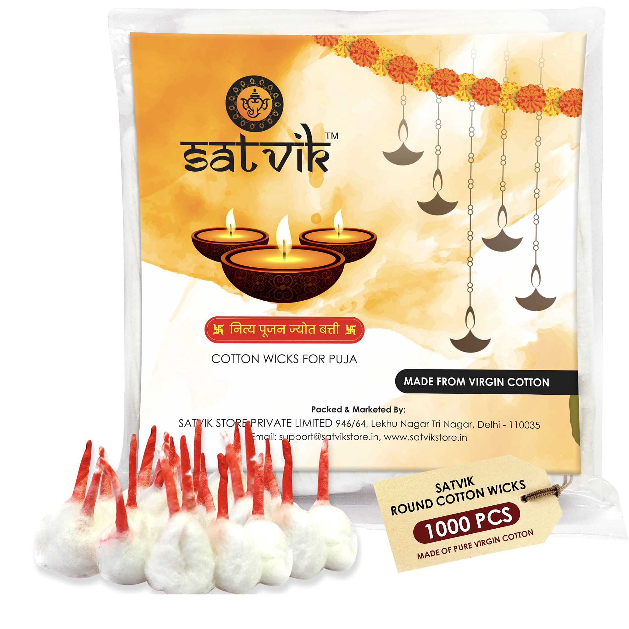 SATVIK 1000 Pcs Handmade Round Cotton Wicks for Puja Pooja Jyot Batti for Oil Lamp DIiya for Diwali Deepawali Diya. Ideal for Brass, Kuber Clay Diya for Home Mandir Temple