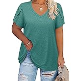 Amrto Womens Plus Size Tops V Neck Petal Short Sleeve Tunic Blouses Summer Loose Casual Shirts XL-5XL