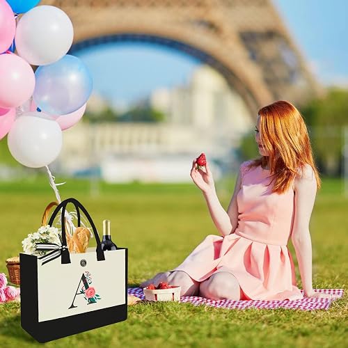 Personalized Canvas Tote Bag With Initial – Large 14x11x6 Inch Monogram Bag For Women, Mom, Sister, Teacher Gift - View #4