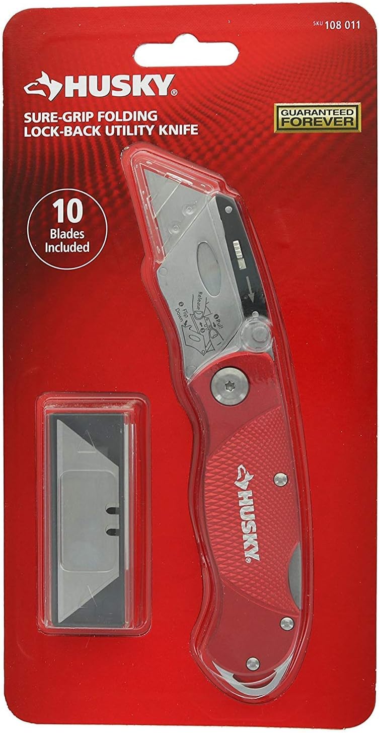 Husky 21113 Folding Sure-Grip Lock Back Utility Knife w/ 10 Disposable Blades Included (Colors Vary) - Utility Knives - 