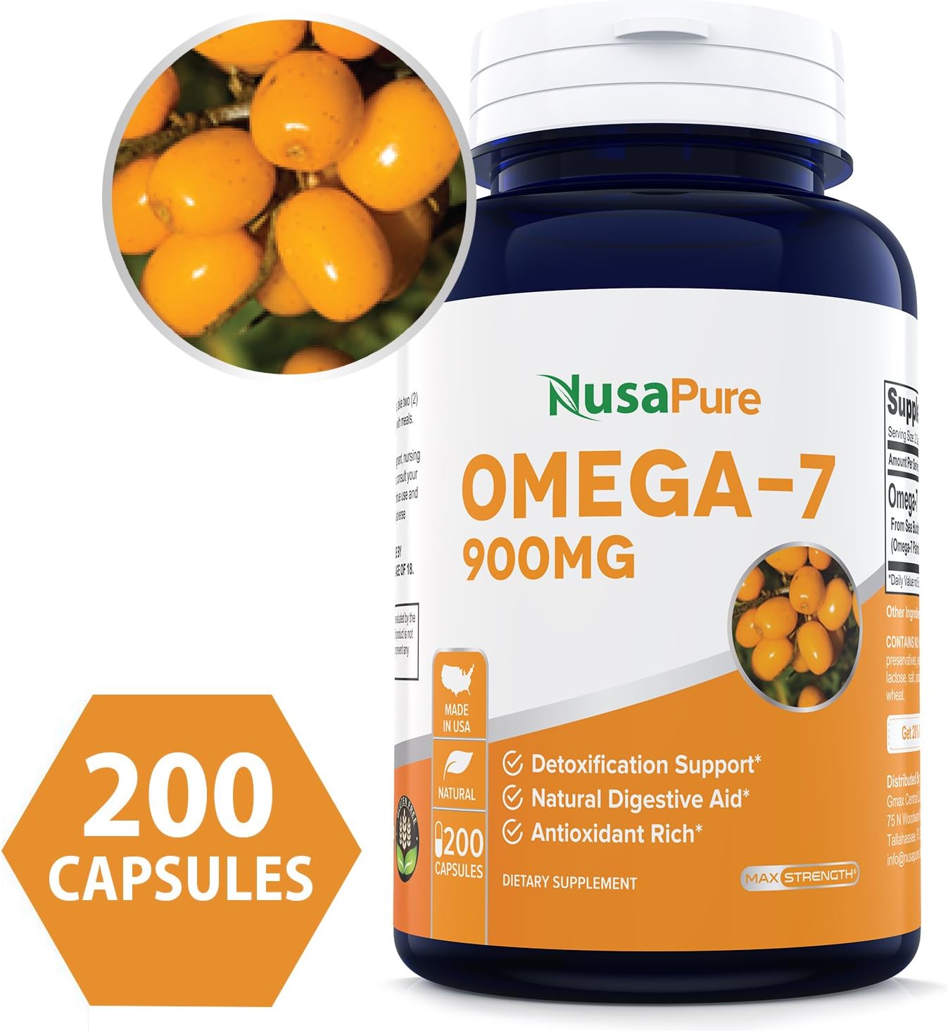 Best Purified Omega 7 Fatty Acids 900mg 200 Capsules (NonGMO Gluten