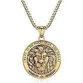 BREGO Carved Lion Head Coin Pendant Necklace | 24 inch Square Rolo Chain Box Chain Necklace