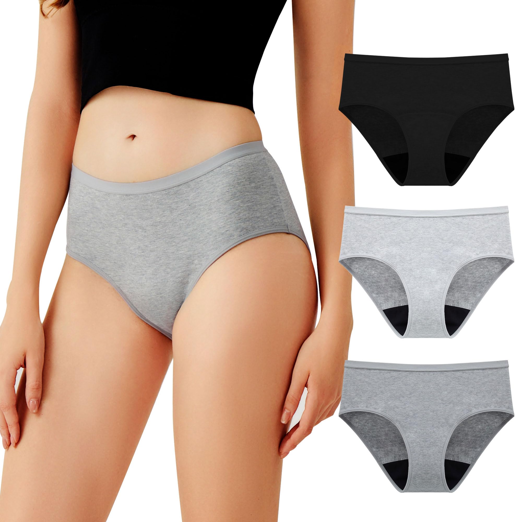 Photo 1 of BATTEWA Cotton Incontinence Underwear for Women Odor Control Leak Proof Panties Postpartum Protective Briefs Absorbency 40ML, 3Pack (Medium, Grey-Black)