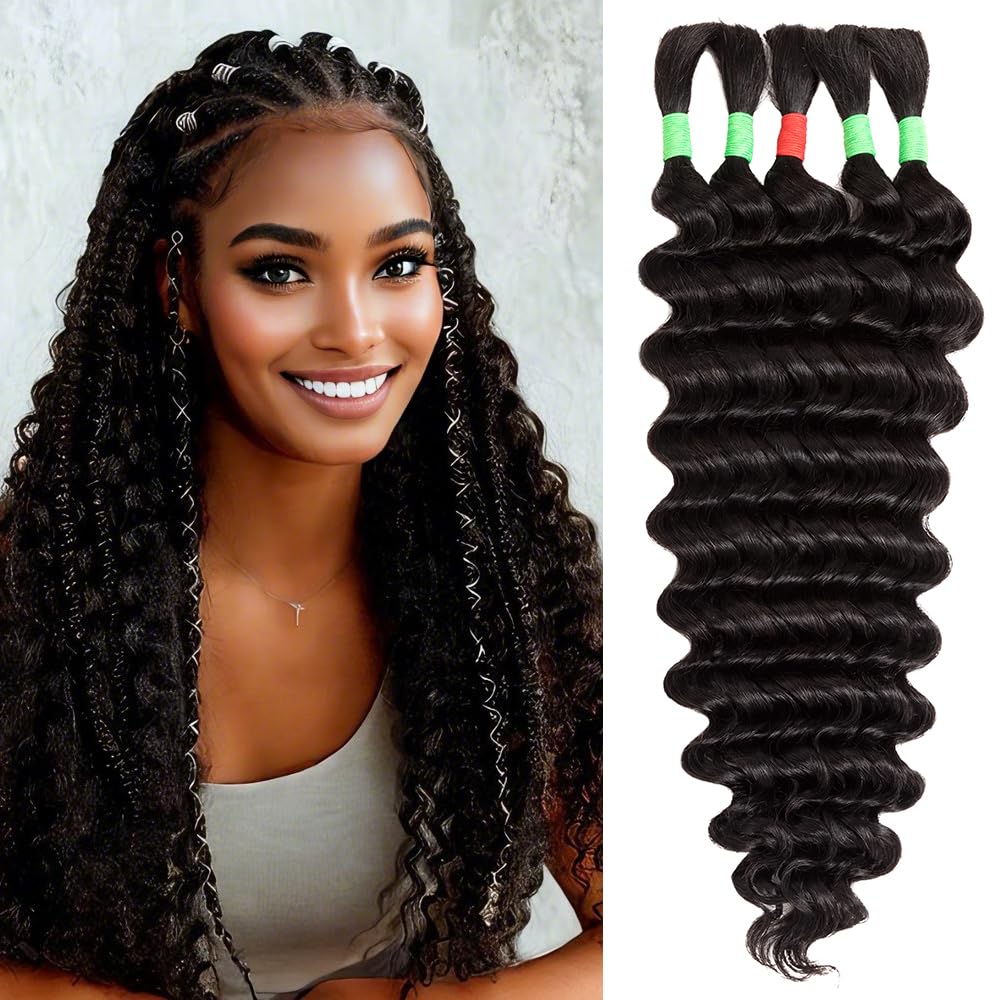 Boho Braids Human Hair Extensions for Braiding Human Braiding Hair for Boho Braids Human Hair Bundles Deep Wave Bundles Human Hair for Braiding No Weft 18 inch Curly 5 Bundles Total 100g #1B Color โ image 1