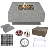 Elementi | Bundle Manhattan Gas Fire Pit Cast Concrete 36" Square Fire Table, Outdoor Fire Pit Electronic Ignition | Canvas Cover, Lava Rock Included | Light Gray (Natural Gas)