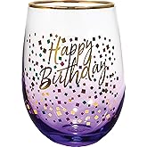 Spoontiques Stemless Wine Glass, 20oz - Lidless Drink Tumbler for Cold Beverages - Happy Birthday