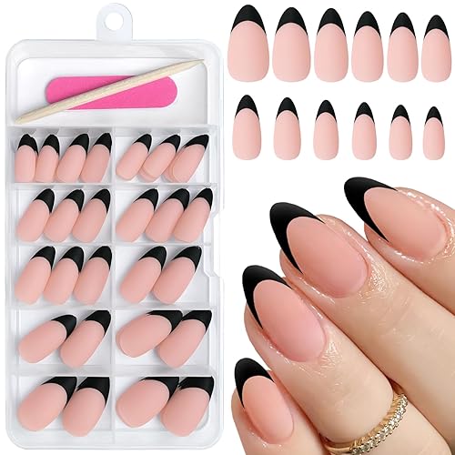 AddFavor French Tips Press on Nails Medium Almond Fake Nails, 120pcs Black French Nails Press on Almond Nude Acrylic Nails Full Matte Artificial False Nail Tips with Adhesive Tabs