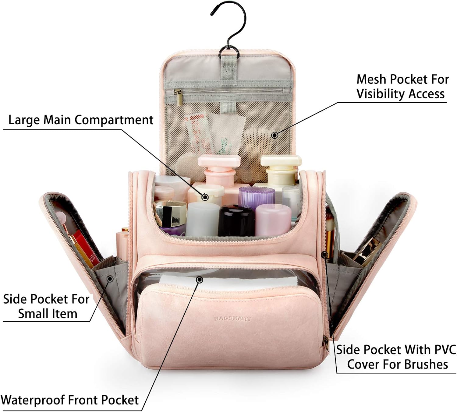Toiletry Bag, BAGSMART Travel Leather Dopp Kit for Women with Hanging Hook, Water-resistant Large Travel Organizer Kit for Toiletries, Full Sized Container, Make Up Accessories (Pink)